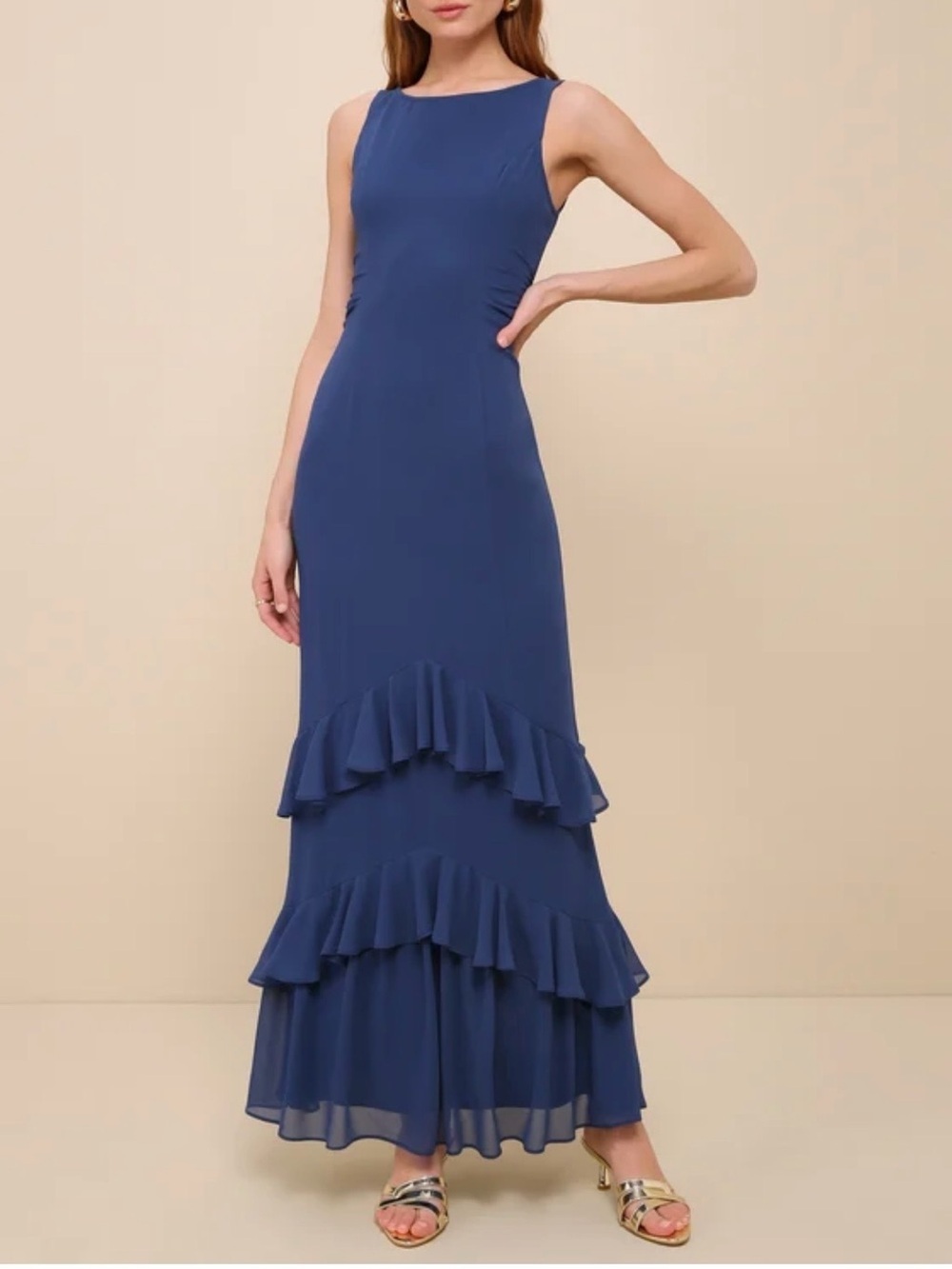 Lulus  Blue Tiered Ruffle Maxi Dress XL Sleeveless Keyhole Back Wedding NWT